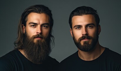 Obraz premium Two handsome bearded men with different hairstyles posing against a gray background.