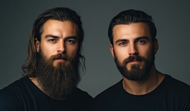Two handsome bearded men with different hairstyles posing against a gray background.