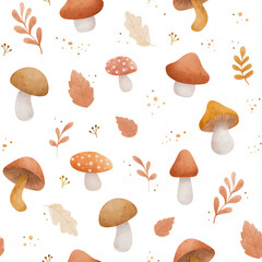 Seamless autumn mushroom pattern &ndash; hand drawn watercolor forest 