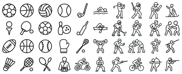 Collection of diverse sport icon set representing various games and activities in a line style