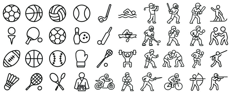 Collection of diverse sport icon set representing various games and activities in a line style
