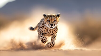 Cheetah Sprinting Across Open Plain Dust Flying in Sunset Light With Focus on Speed and Motion in Natural Habitat of Wild Animal
