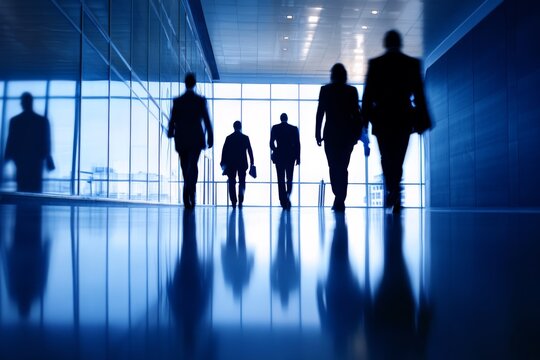 Silhouettes of business professionals walking in a modern, reflective corridor with blue tones and natural lighting.