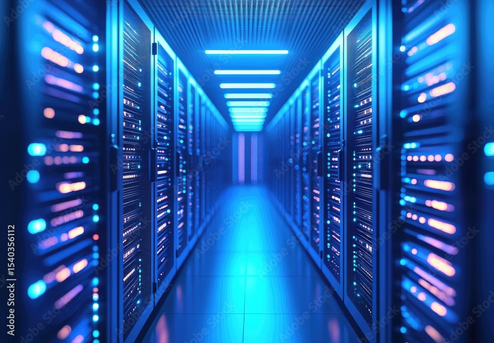 Poster glowing corridor inside a futuristic data center with rows of vibrant servers in pink and blue, idea
