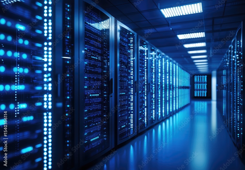 Poster Blue-lit corridor of a high-performance data center lined with glowing server racks, ideal for illustrating cloud computing, networking, or IT infrastructure services
