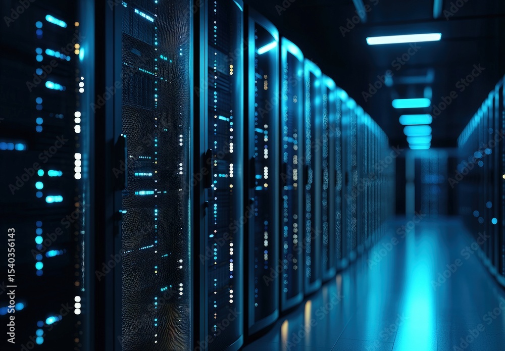 Poster dimly lit data center corridor with glowing server racks and ambient blue lighting, suitable for cyb