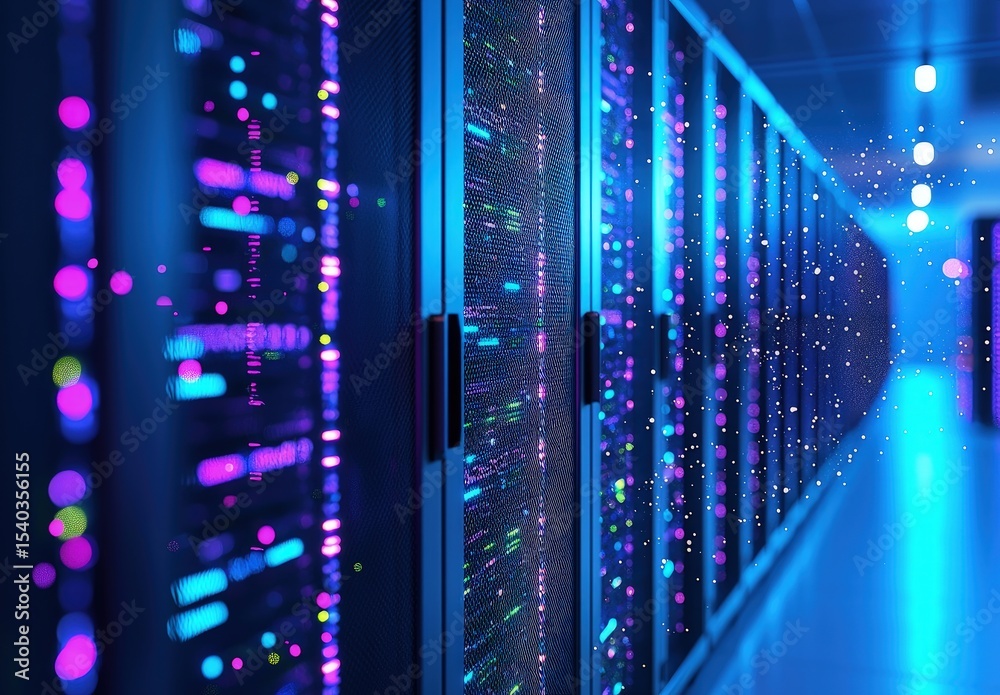 Aufkleber Bright server corridor filled with vivid pink and blue lights and floating particles, ideal for futuristic data visuals, AI tech concepts, and cloud computing themes