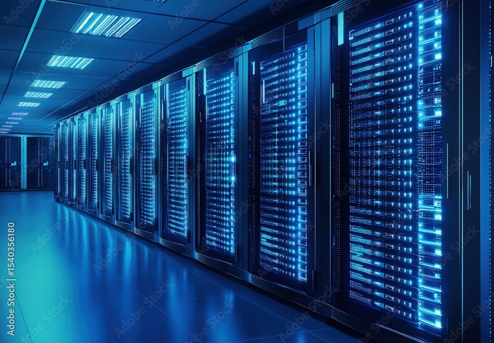 Poster Spacious high-tech data center with rows of glowing blue servers under ceiling lights, perfect for illustrating cloud storage, data processing, and IT infrastructure themes