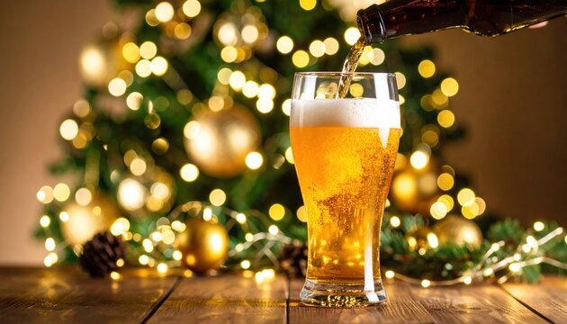 Festive beer pouring into a glass with decorated christmas tree background