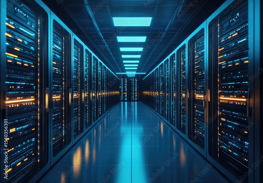Poster Symmetrical corridor view of illuminated data center racks with blue and amber server lights, great for tech websites, cloud platforms, and AI infrastructure themes