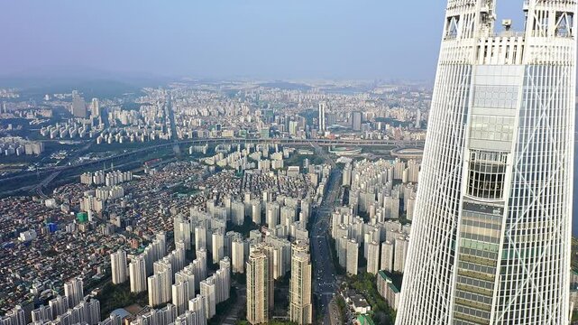 4K Aerial Drone View of Lotte World Tower and Jamsil Skyline, Seoul, South Korea