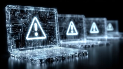  An alert caution icon appears on a laptop with a futuristic, glowing circuitry screen, representing concept cybersecurity and data protection.