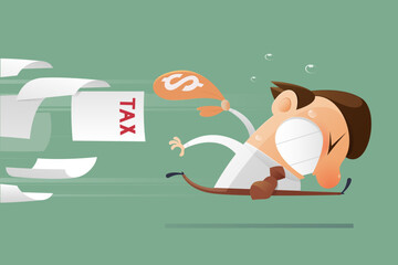 Cartoon illustration shows a businessman trying to avoid heavy tax.