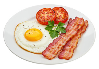 Isolated Breakfast Plate with Fried Egg, Bacon, and Grilled Tomatoes