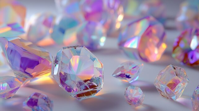 prismas de cristal flotando sobre fondo blanco con reflejos de colores