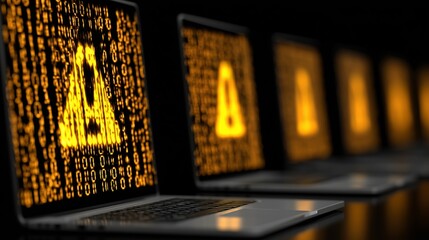  An alert caution icon appears on a laptop with a futuristic, glowing circuitry screen, representing concept cybersecurity and data protection.