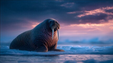 Fototapeta premium majestic walrus on ice floe in glowing arctic sunset scene