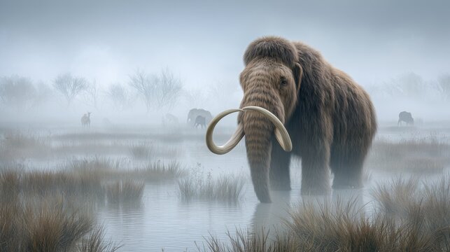woolly mammoth walking through ice age wetlands with misty wildlife backdrop