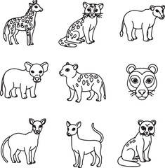 Fototapeta premium African Safari Animals Line Art Illustrations of Giraffe, Lion, Leopard, Elephant, and More
