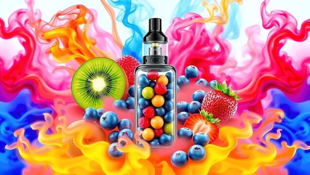 Modern digital artwork of a vape device surrounded by vibrant fruits and colorful swirling smoke. Bright and energetic composition.