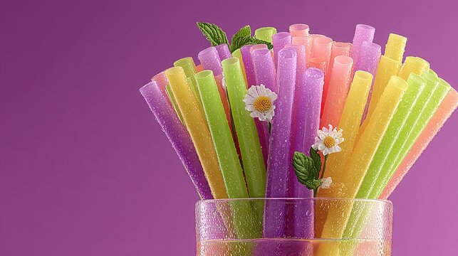 Colorful plastic straw bouquet arranged in artistic green and purple pattern on solid background, right-side composition. Modern design for decor, event props, abstract art, or graphic design elements