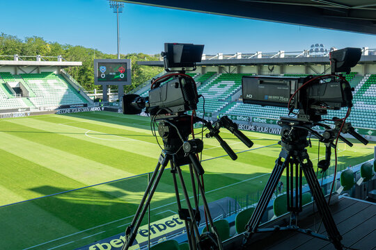 Razgrad, Bulgaria - 01 July 2024; Cameras for television broadcast on the stadium of football club Ludogorets Razgrad.