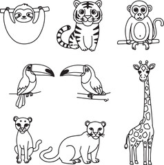Fototapeta premium Adorable Jungle Animals Cute Line Art Illustrations of Sloth, Tiger, Monkey, Toucan, Giraffe, and Cougar