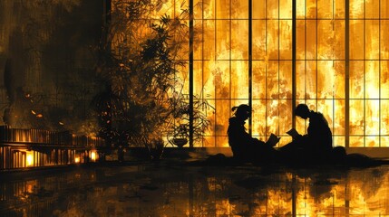 Romantic silhouettes of two people reading in a sunlit interior with a warm and artistic atmosphere
