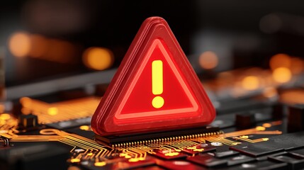  An alert caution icon appears on a laptop with a futuristic, glowing circuitry screen, representing concept cybersecurity and data protection.