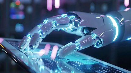 A robotic arm interacts with a digital tablet.