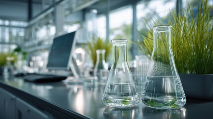 Clean modern laboratory clear ethanol samples in glass beakers, advanced equipment and computers in background, green plants on windowsill symbolizing eco-friendly approach