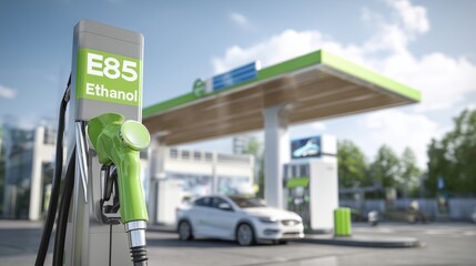 Contemporary fuel station with bright green "E85 Ethanol" pump handle in sharp focus, modern car being refueled, clean minimalist design, solar panels visible on station roof