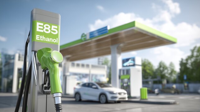 Contemporary fuel station with bright green "E85 Ethanol" pump handle in sharp focus, modern car being refueled, clean minimalist design, solar panels visible on station roof