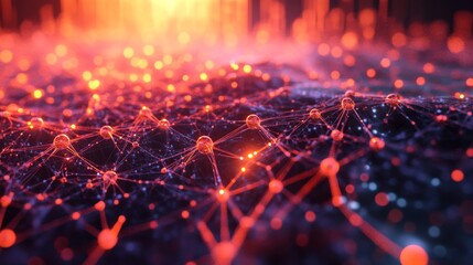Abstract 3D network structure with glowing nodes and connecting lines on a dark background. This futuristic visualization represents AI, neural networks, data connections, and modern digital techno