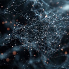 Abstract digital network with glowing connections and nodes on a dark background. This futuristic visualization represents data transfer, AI, neural networks, and high-tech communication systems.