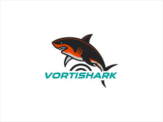 Obraz premium Vortishark Logo Design Black Orange Shark Leaping Teal Text V E C T O R vector illustration