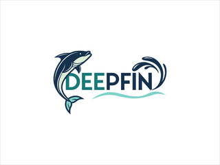 Teal and Dark Blue V E C T O R Logo Deepfin Leaping Fish Ocean Wave Design vector