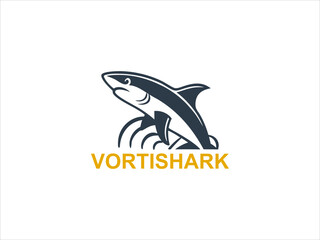 Dark Blue Shark Leaping from Ocean Waves V E C T O R Logo Design Gold Text Vortishark water