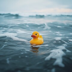 Yellow rubber duck floating alone in the middle of the ocean, surrounded by waves under a cloudy sky. The surreal, humorous scene contrasts a child's toy with the vastness of open water.