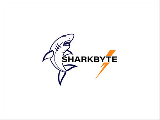 Fototapeta premium Shark Byte Logo Design Dark Blue Shark Silhouette Orange Lightning Bolt Vector Graphic
