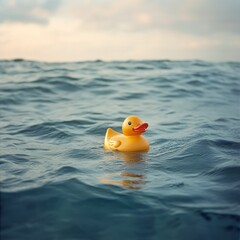 Yellow rubber duck floating alone in the middle of the ocean, surrounded by waves under a cloudy sky. The surreal, humorous scene contrasts a child's toy with the vastness of open water.