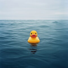 Yellow rubber duck floating alone in the middle of the ocean, surrounded by waves under a cloudy sky. The surreal, humorous scene contrasts a child's toy with the vastness of open water.