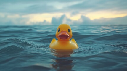 Yellow rubber duck floating alone in the middle of the ocean, surrounded by waves under a cloudy sky. The surreal, humorous scene contrasts a child's toy with the vastness of open water.