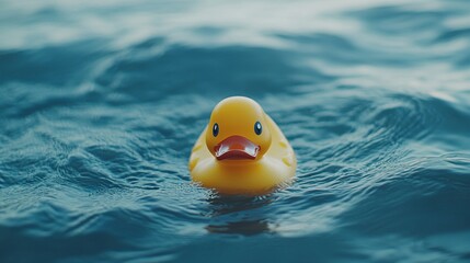 Yellow rubber duck floating alone in the middle of the ocean, surrounded by waves under a cloudy sky. The surreal, humorous scene contrasts a child's toy with the vastness of open water.