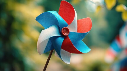 Fourth of July Design. Colorful pinwheel spinning in a garden setting.