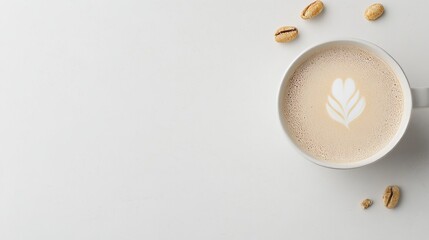 Minimalist top-down view of a cappuccino with heart-shaped latte art and scattered nuts on a clean white background. A calm, cozy setup perfect for cafe branding or morning coffee themes.