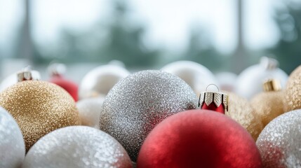 Close-up of glittery red, silver, gold, and white Christmas ornaments. The soft focus and cool-toned background create a festive and elegant holiday atmosphere perfect for seasonal design themes.