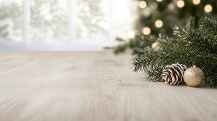 Festive Christmas background with pine branches, a frosted pinecone, and a gold ornament on a wooden surface. Blurred tree lights and window create a cozy, minimal holiday atmosphere with copy space.