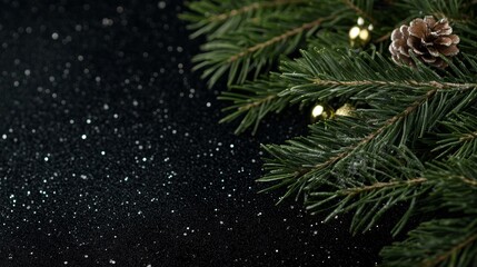 Dark festive background with green pine branches, golden ornaments, and falling snow against a black backdrop. A luxurious and elegant holiday scene perfect for seasonal designs and promotions.