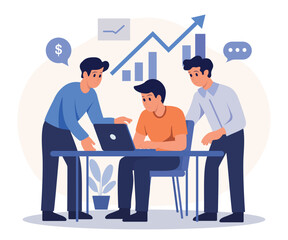 Colleagues looking at a laptop screen with a growing graph and financial icons in background